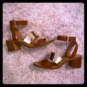 Leather & gold accent block heel sandal